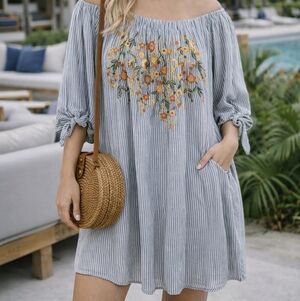 Embroidered Women's Dress Sz Lg  Blue & White Stripe Off Shoulder Spring Summer